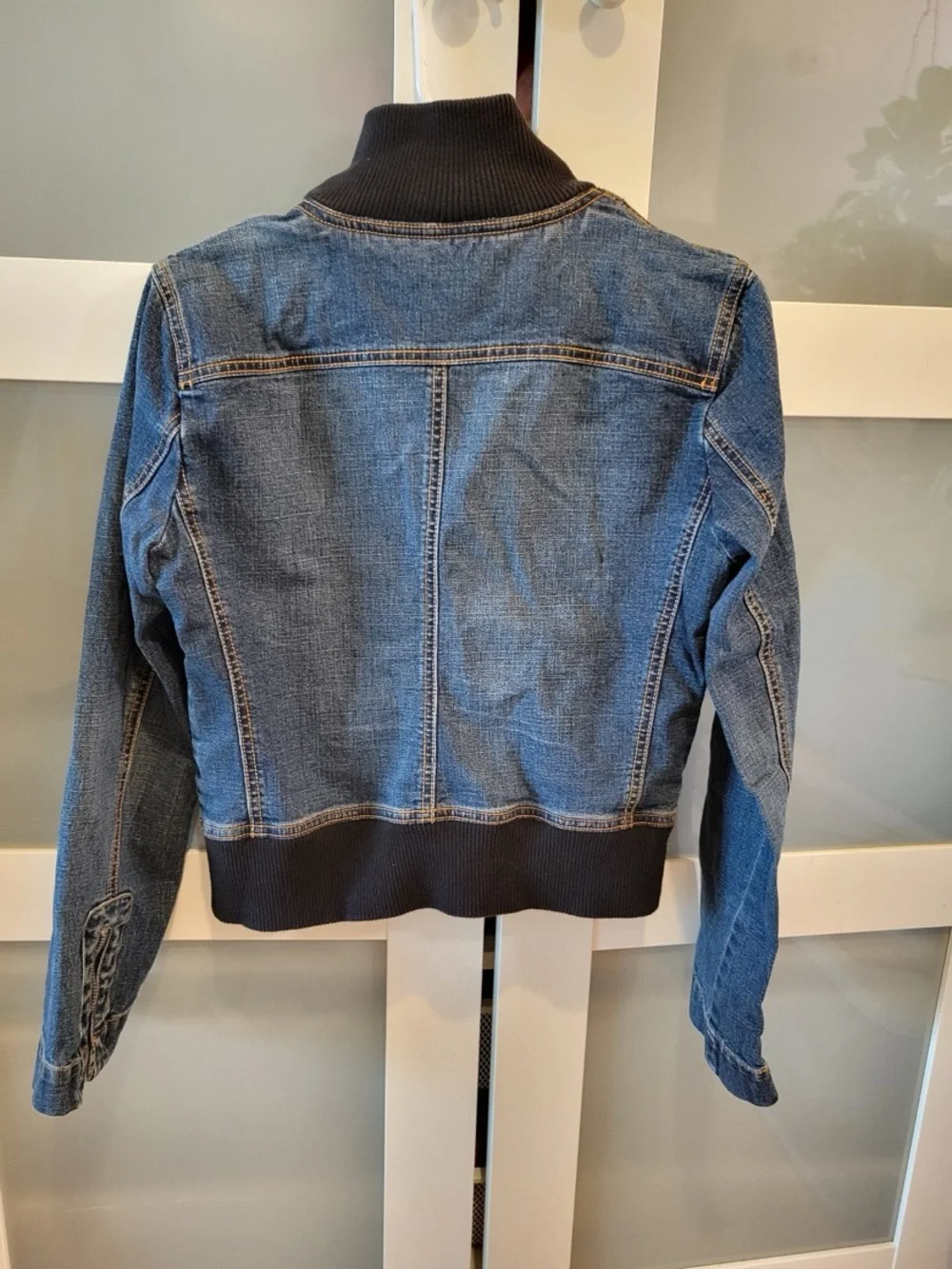 bebe Blue Denim Zip Jacket with black Rib Collar. Sz M